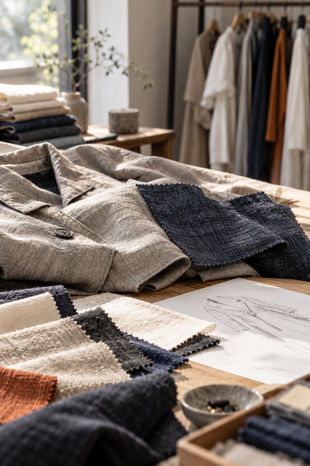 アトリエの作業台に広げられた衣服と生地のスワッチ、奥にかかるサンプルのラック