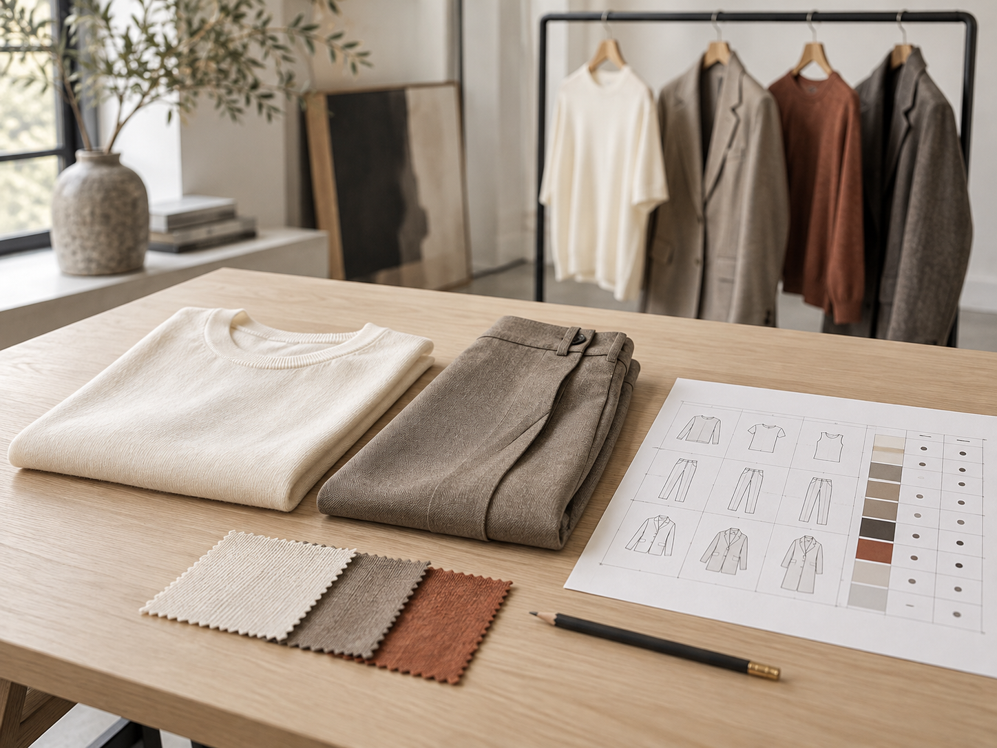 衣服と生地見本、商品構成の企画資料が並ぶアパレルの作業机